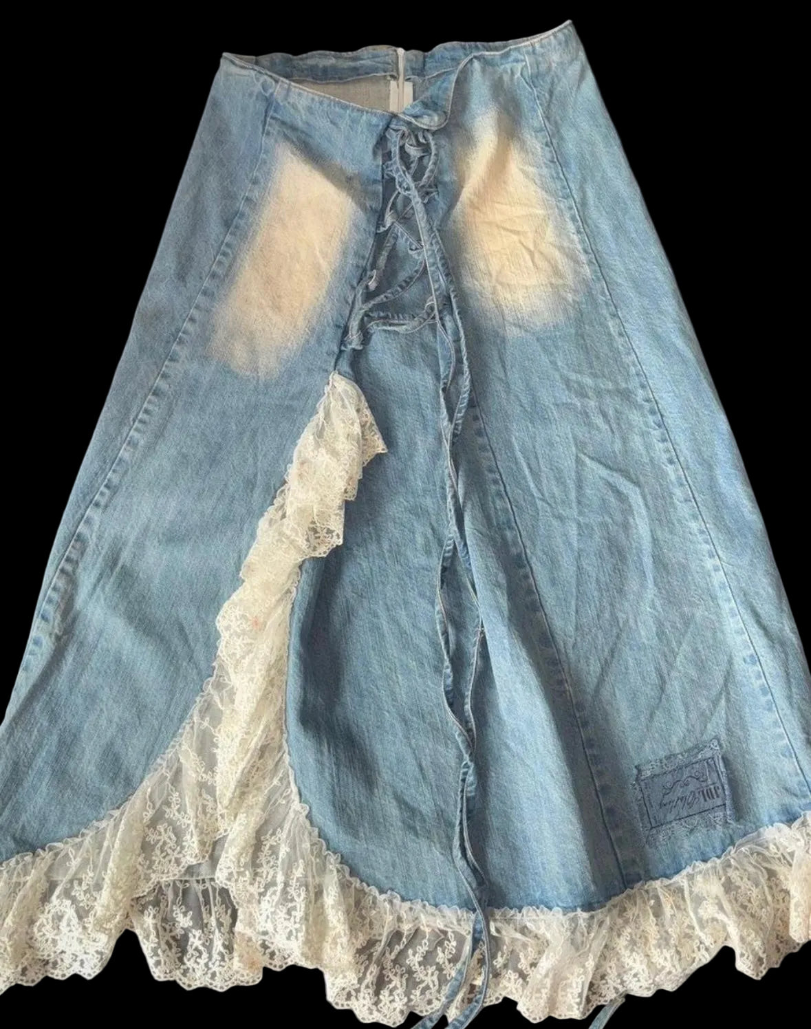 JDL ruffle denim lace maxi skirt