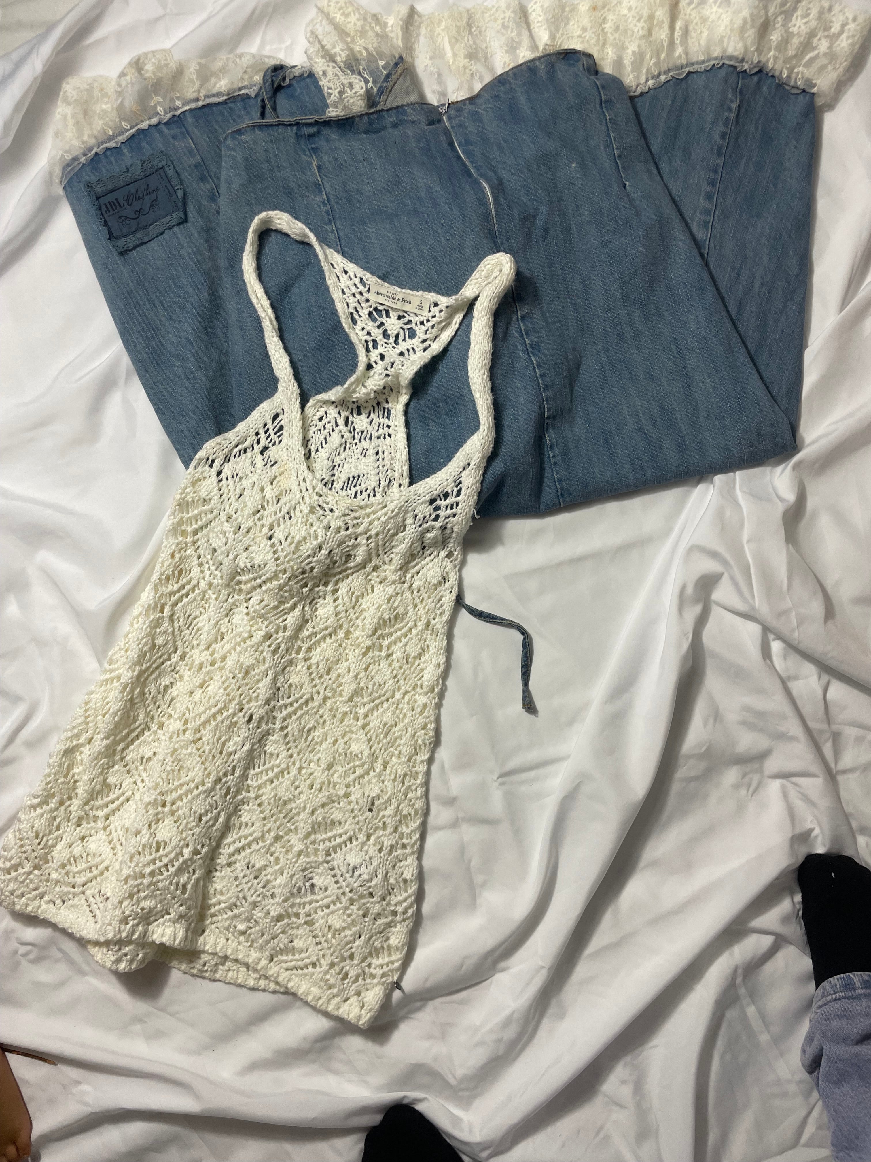 JDL ruffle denim lace maxi skirt