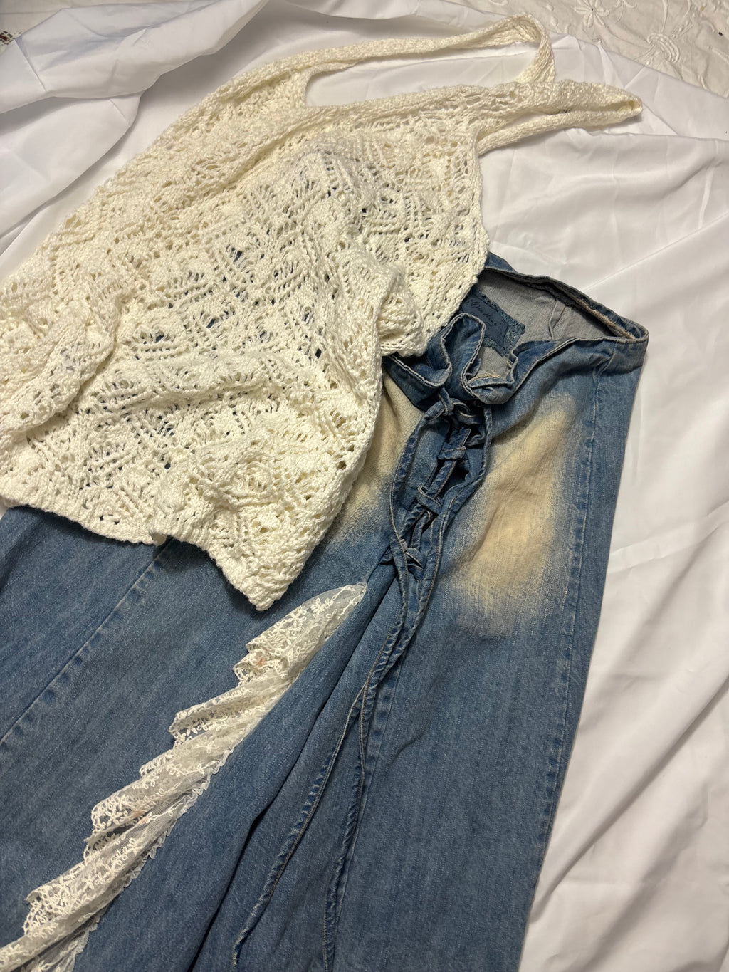 JDL ruffle denim lace maxi skirt