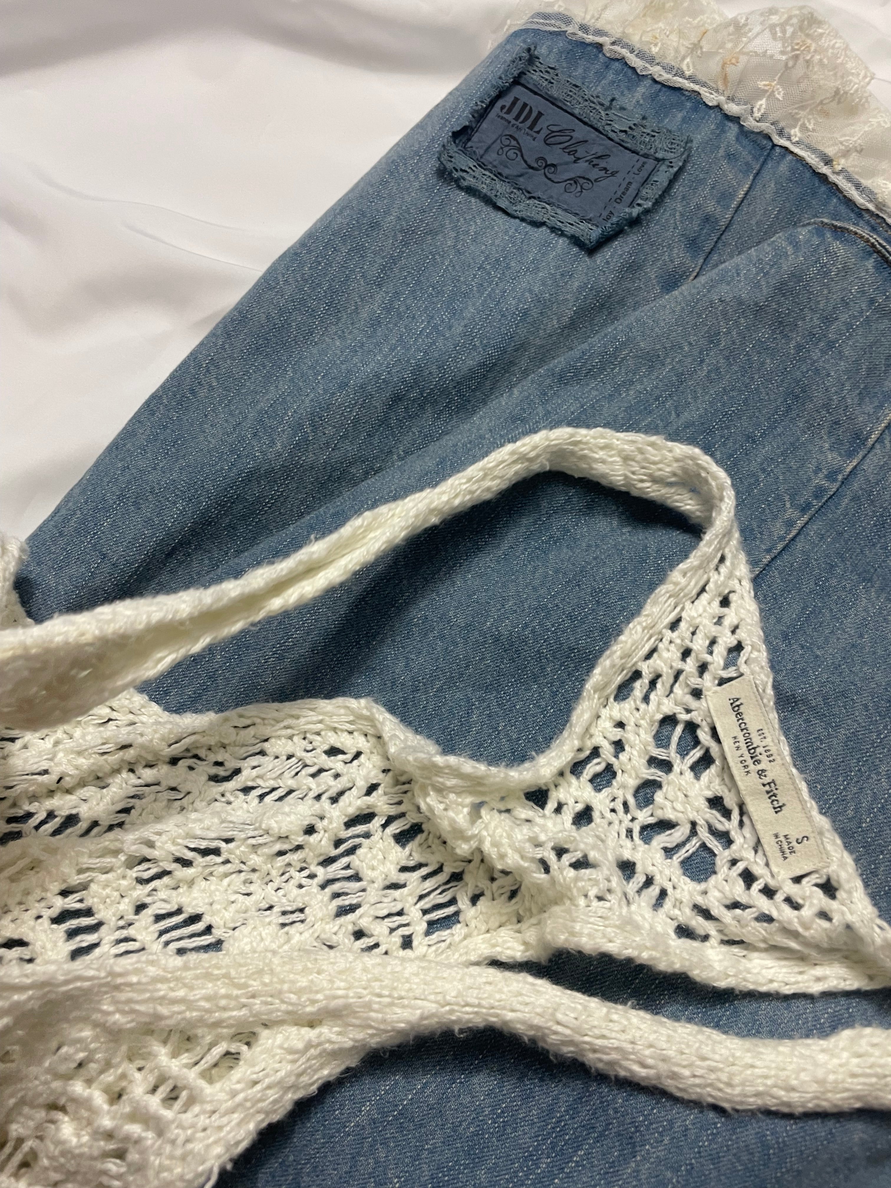 JDL ruffle denim lace maxi skirt